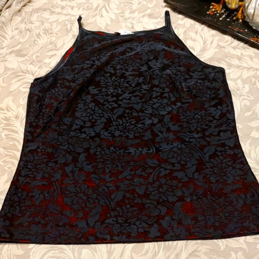 🐈‍⬛🎀🐈‍⬛ Sultry Gothic Bebe Black Floral Velvet & Crimson Scarlet Red Top - LJ - Picture 3 of 12